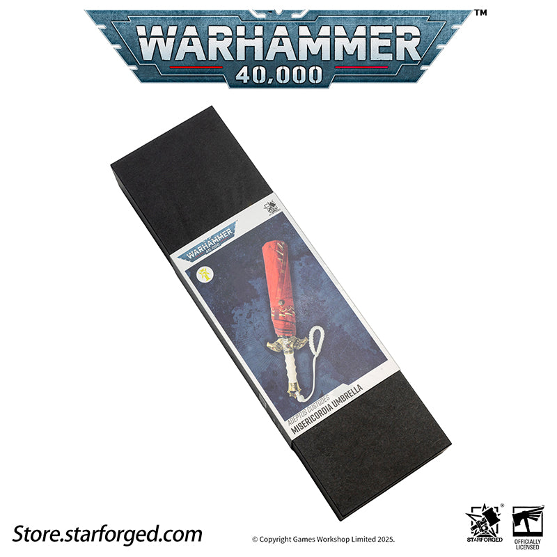 Starforged Warhammer 40K Adeptus Custodes Misericordia Umbrella Men's Accessories Birthday Gift Other The Misericordia is the signature shortblade wielded by the Adeptus Custodes. Each neophyte who ascends to the ranks of the Emperor's chosen is bestowed this mastercrafted blade - a weapon as elegant as it is lethal. Wrought in auric alloys and luna silver, its haft is perfectly balanced to its bearer's grip, while its machine-spirit commands molecular disruption fields capable of breaching even Terminator